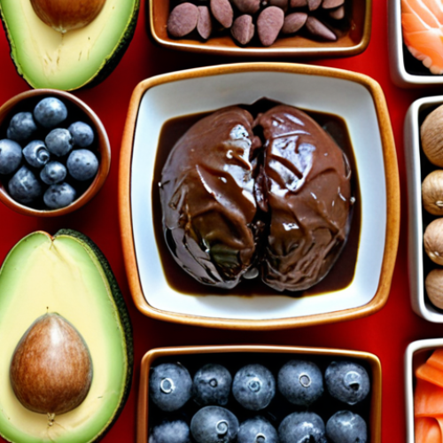 Home 4 **Nourishment:** An artfully arranged selection of 'brain-friendly' foods, including rich green avocados, colorful berries (like blueberries), an assortment of healthy nuts, a piece of fresh salmon, and a square of dark chocolate, presented on a clean, inviting surface that might hint at traditional Middle Eastern culinary aesthetics.