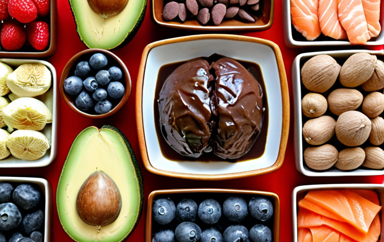**Nourishment:** An artfully arranged selection of 'brain-friendly' foods, including rich green avocados, colorful berries (like blueberries), an assortment of healthy nuts, a piece of fresh salmon, and a square of dark chocolate, presented on a clean, inviting surface that might hint at traditional Middle Eastern culinary aesthetics.