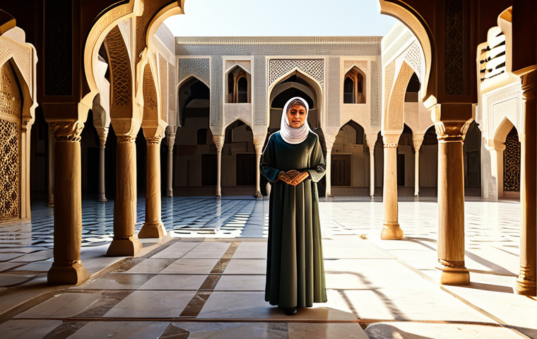 **

"A fully clothed woman wearing modest, traditional Arab clothing, standing in a sunlit courtyard with intricate Islamic architectural details.  The scene is warm and inviting, with dappled sunlight filtering through the arches.  Safe for work, appropriate content, perfect anatomy, natural proportions, professional, family-friendly, professional photography, high quality."

**