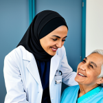 **

"A professional female doctor, fully clothed in a modest white coat and hijab, smiling gently while consulting with a fully clothed elderly patient in a bright and modern clinic, appropriate attire, safe for work, perfect anatomy, correct proportions, family-friendly, professional photography, high quality, natural lighting."

**