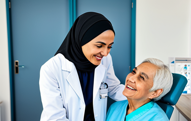 **

"A professional female doctor, fully clothed in a modest white coat and hijab, smiling gently while consulting with a fully clothed elderly patient in a bright and modern clinic, appropriate attire, safe for work, perfect anatomy, correct proportions, family-friendly, professional photography, high quality, natural lighting."

**