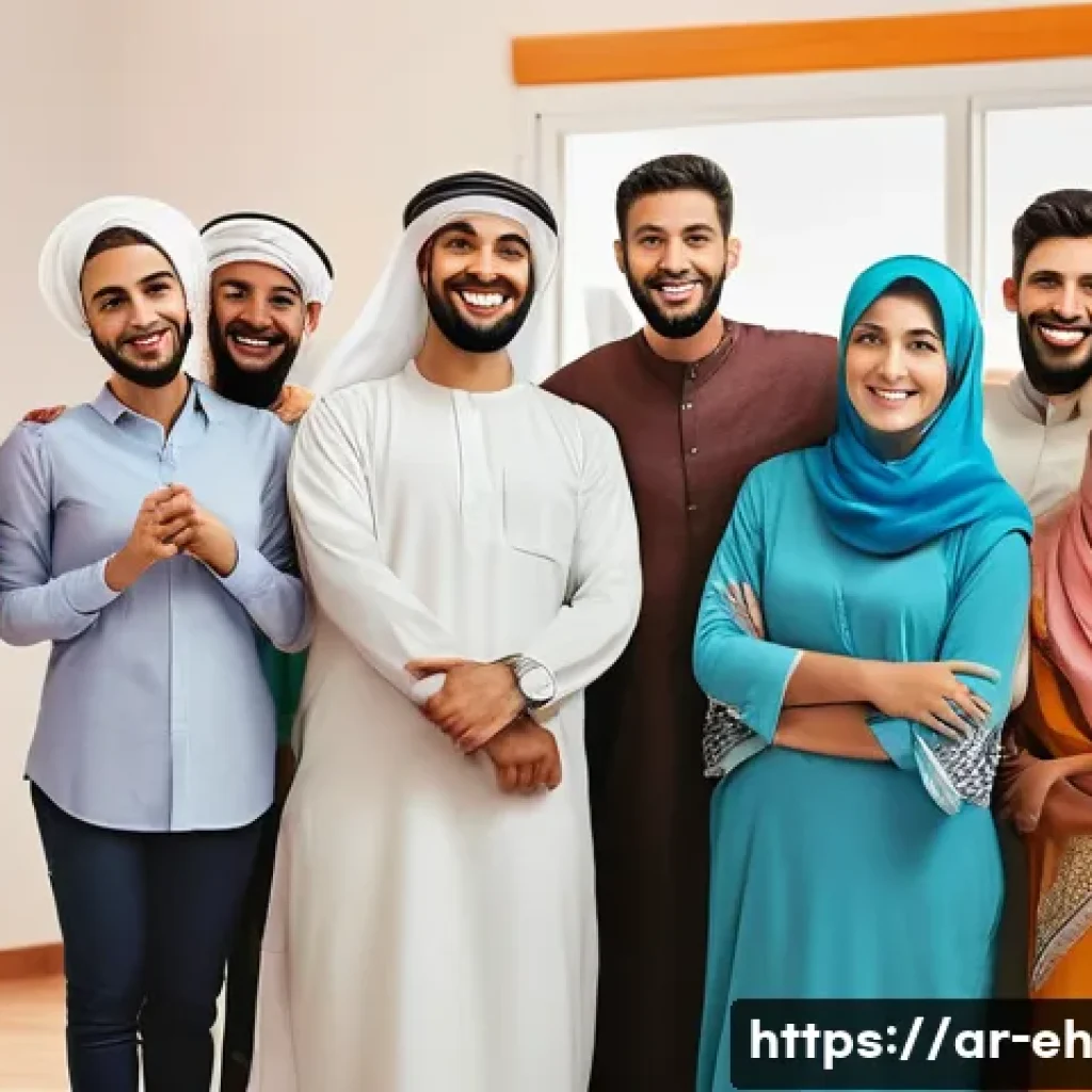 자원봉사와 뇌 건강 - A diverse group of Arab volunteers engaging warmly in a community center, including men and women we...