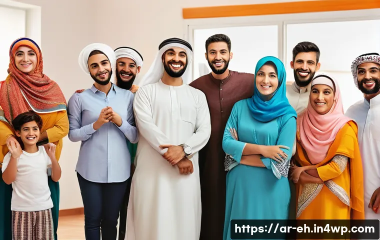 자원봉사와 뇌 건강 - A diverse group of Arab volunteers engaging warmly in a community center, including men and women we...