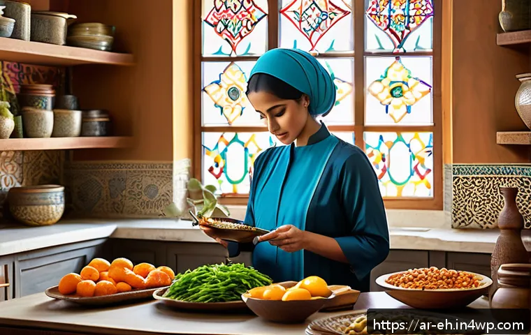 자신감을 높이는 방법과 뇌 건강 - A warm and inviting Middle Eastern kitchen scene featuring a person thoughtfully preparing a brain-h...