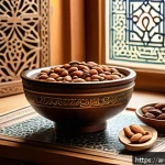 뇌 건강을 위한 건강한 간식 추천 - A vibrant and culturally rich Arabic kitchen scene featuring a wooden table with a bowl of assorted ...