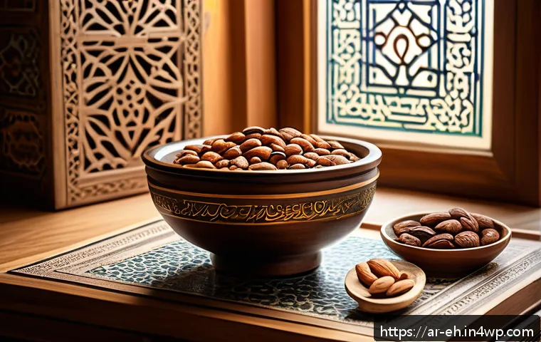 뇌 건강을 위한 건강한 간식 추천 - A vibrant and culturally rich Arabic kitchen scene featuring a wooden table with a bowl of assorted ...