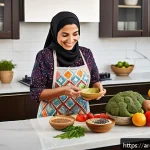 비만과 뇌 건강의 관계 - A vibrant, culturally rich Arabic kitchen scene showcasing a middle-aged Arab woman preparing a heal...