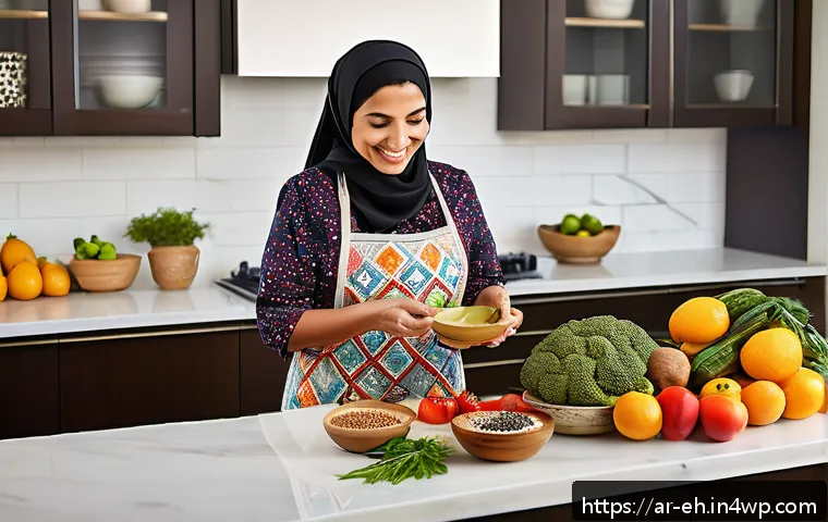 비만과 뇌 건강의 관계 - A vibrant, culturally rich Arabic kitchen scene showcasing a middle-aged Arab woman preparing a heal...