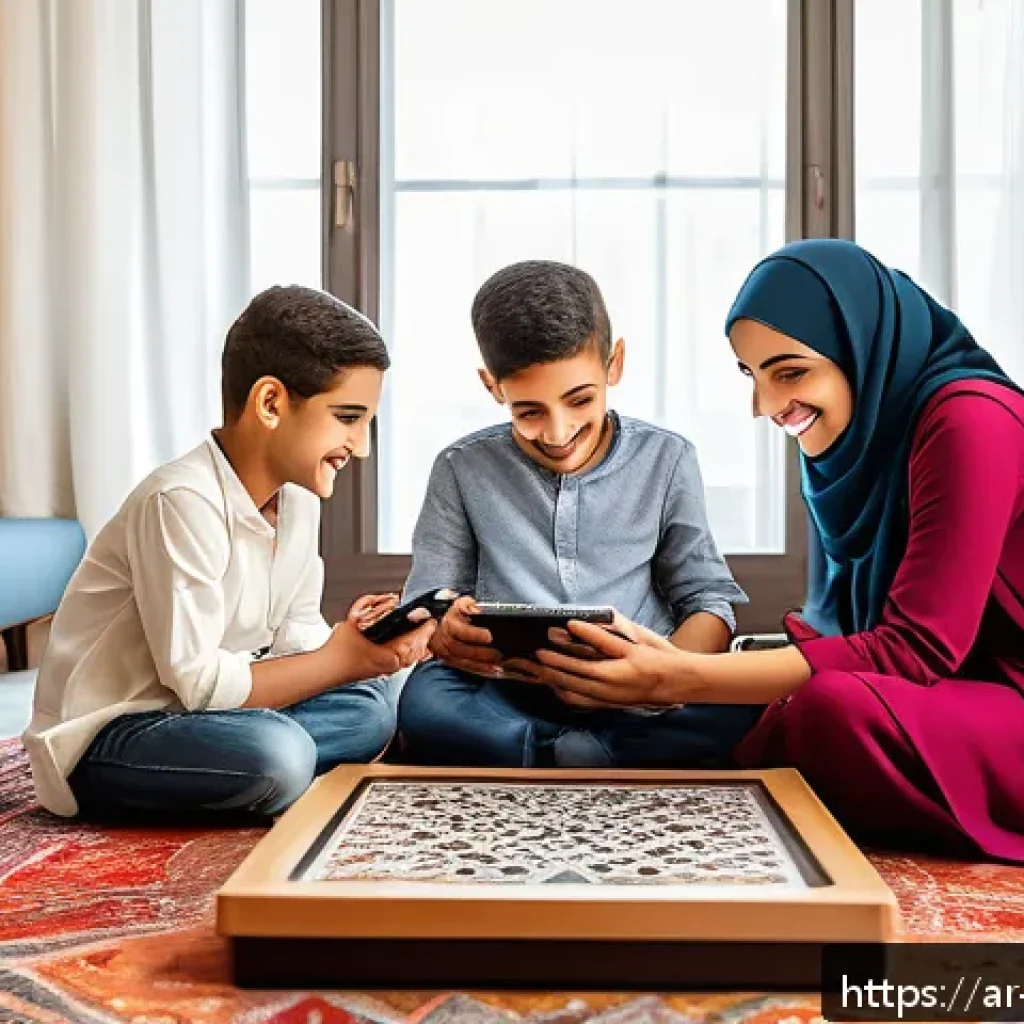 집에서 할 수 있는 뇌 훈련 게임 - A cozy living room scene featuring an Arabic family gathered around a table playing interactive brai...