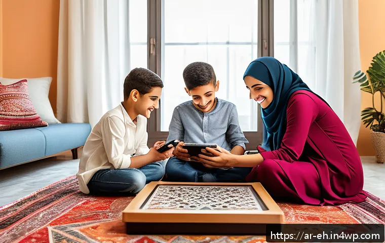 집에서 할 수 있는 뇌 훈련 게임 - A cozy living room scene featuring an Arabic family gathered around a table playing interactive brai...